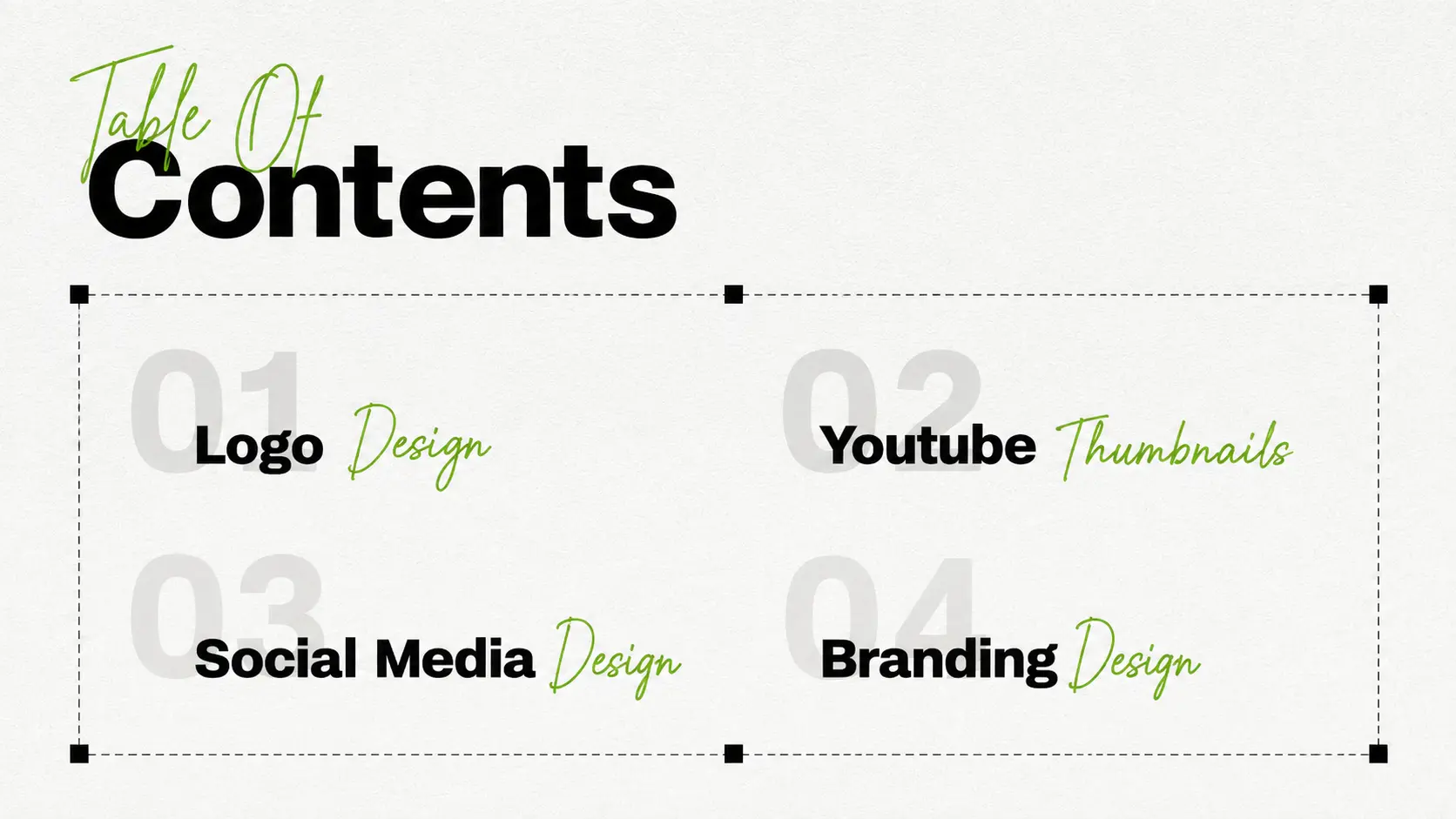 Table of Contents — graphic design work by Disha Gamoth